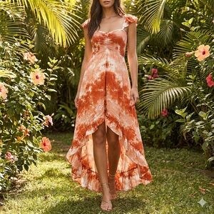 Tiare Hawaii Tie Dye Smocked High-Low Dress Rust Coral O/S Beach Boho Easter